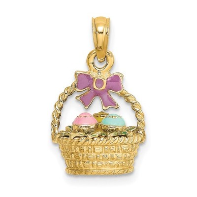 14k Gelbgold 3-D emailliertes Osterkörbchen mit Schleife und Eiern Charm Anhänger 4,22g
