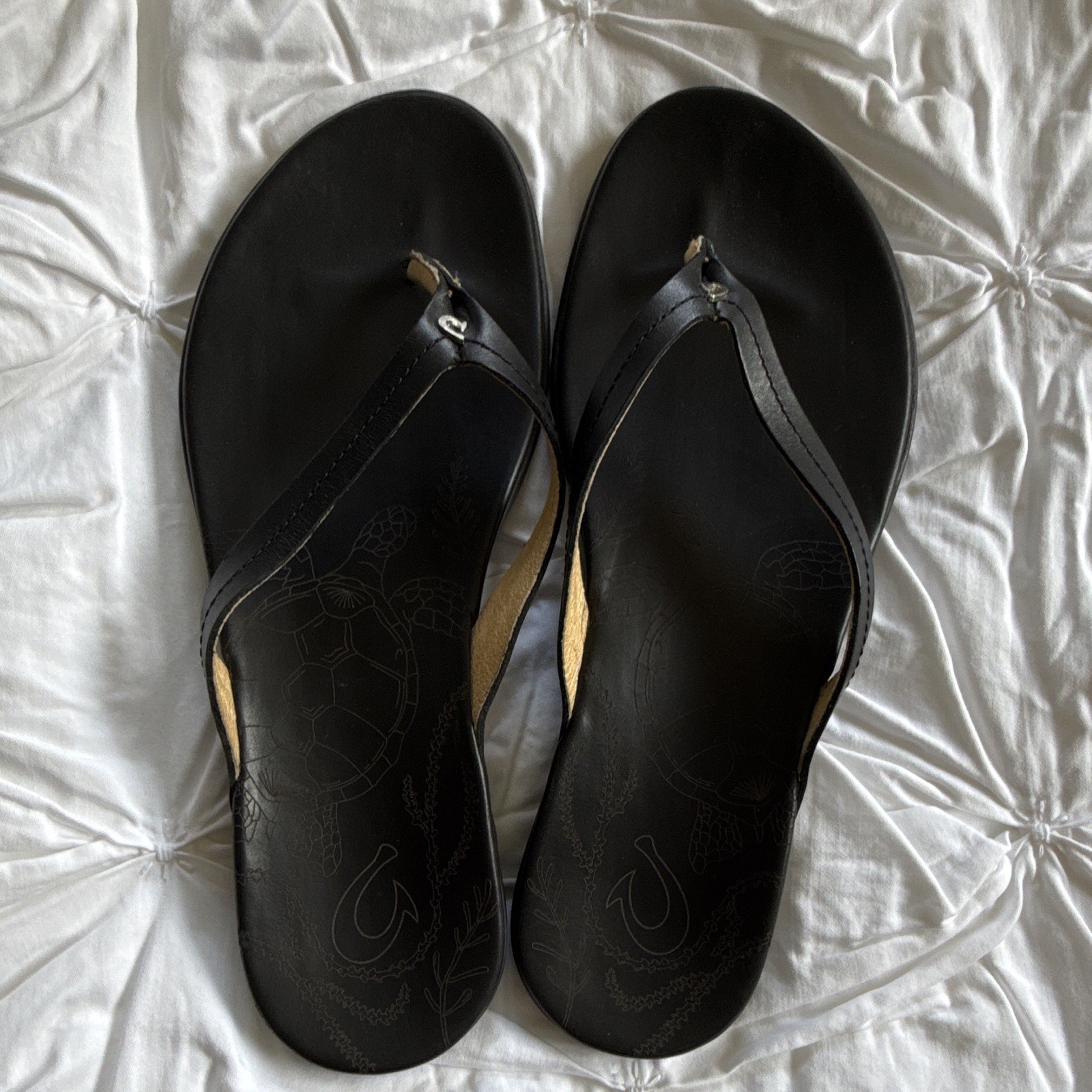 OluKai Women’s Black Leather Thong Sandals Comfort Slip-On US 9 EU 39