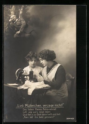 Postcard mother and daughter sitting at sewing machine reading a letter from father 