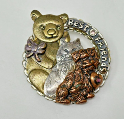 Beautiful 3 Tone Bear Cat and Dog Best Friends 1-11/16'' Round Brooch Pin