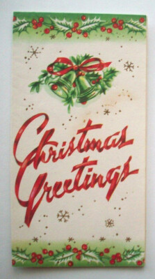 UNUSED 50's Holly & Bells glitter vintage Christmas Greeting card *E16