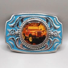 VTG Western Jeep Belt Buckle – Painted Blue with Red CJ Scene – Silver Tone