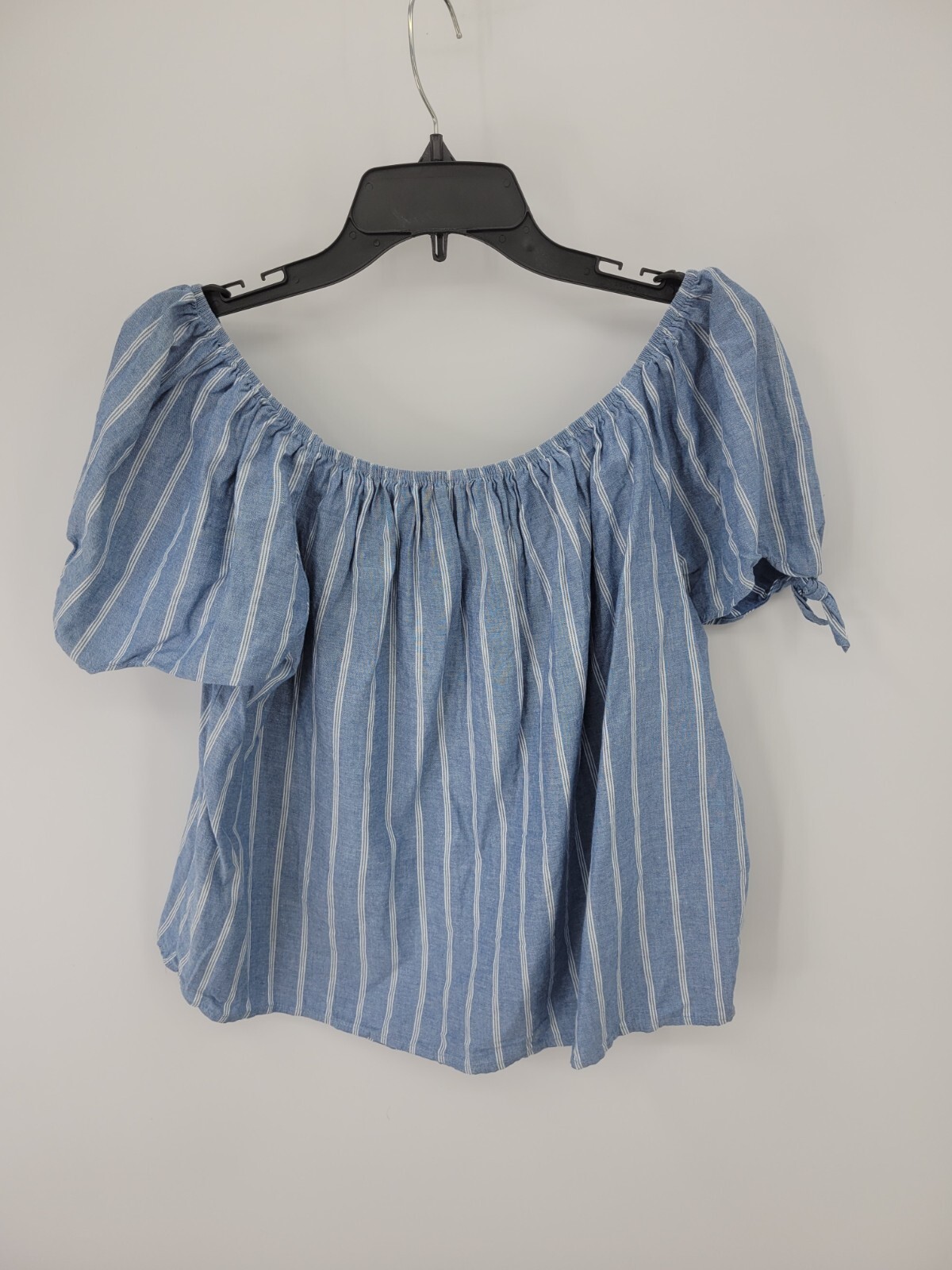 Hem & Thread Top Womens Large Blue White Stirpe Scoop Neck Short Sleeve Boho