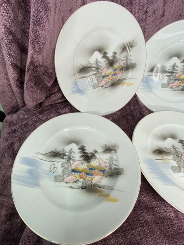 5 Handpainted Kutani Japan 7.5" Salad Plates Mount Fuji w/ Waterfront Village - Picture 12 of 17