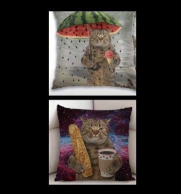 TRIPPY fat cat PILLOW COVER / SHAM watermelon rain COFFEE Bread food- set of 2
