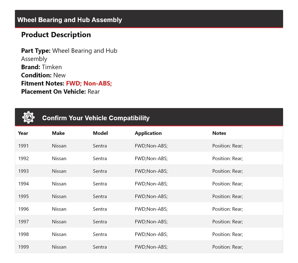 Conjunto de cojinete de rueda y buje trasero Timken 1992 para Nissan Sentra 1991-1999 tracción delantera Foto 2 de 4