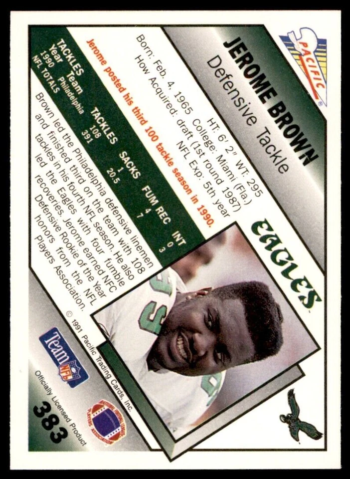 1991 Pacific. Jerome Brown . Philadelphia Eagles #383 - Image 2 of 2