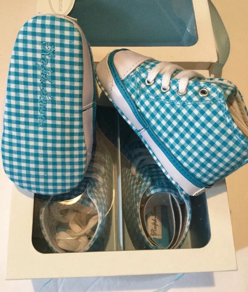 Tênis Polo Ralph Lauren bebê menino menina 3-6 meses azul Gingham branco porto - Imagem 4 de 4