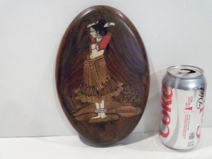 VINTAGE ART WOOD INLAY RISQUE SPANISH, HAWAIIAN GYPSY GIRL, BELLY DANCER PLAQUE