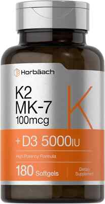Vitamin K2 MK7 with D3 Supplement | 180 Softgels | D3 5000 IU