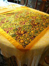 Vintage Piano Scarf Shawl Long Gold Fringe Floral