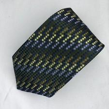 XMI Platinum Tie Green Yellow Striped Textured Weave Silk Made in USA