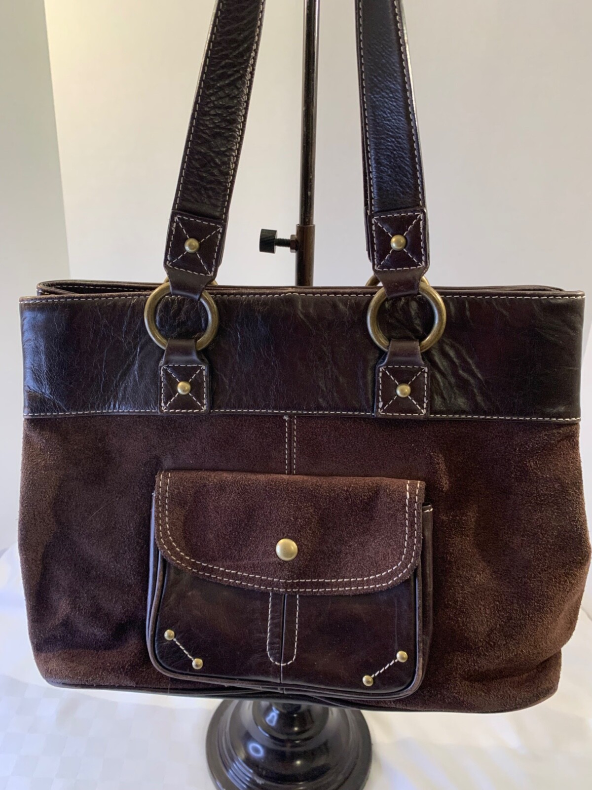 Eddie Bauer Mahogany Leather & Brown Suede Shoulder Bag Handbag BOHO