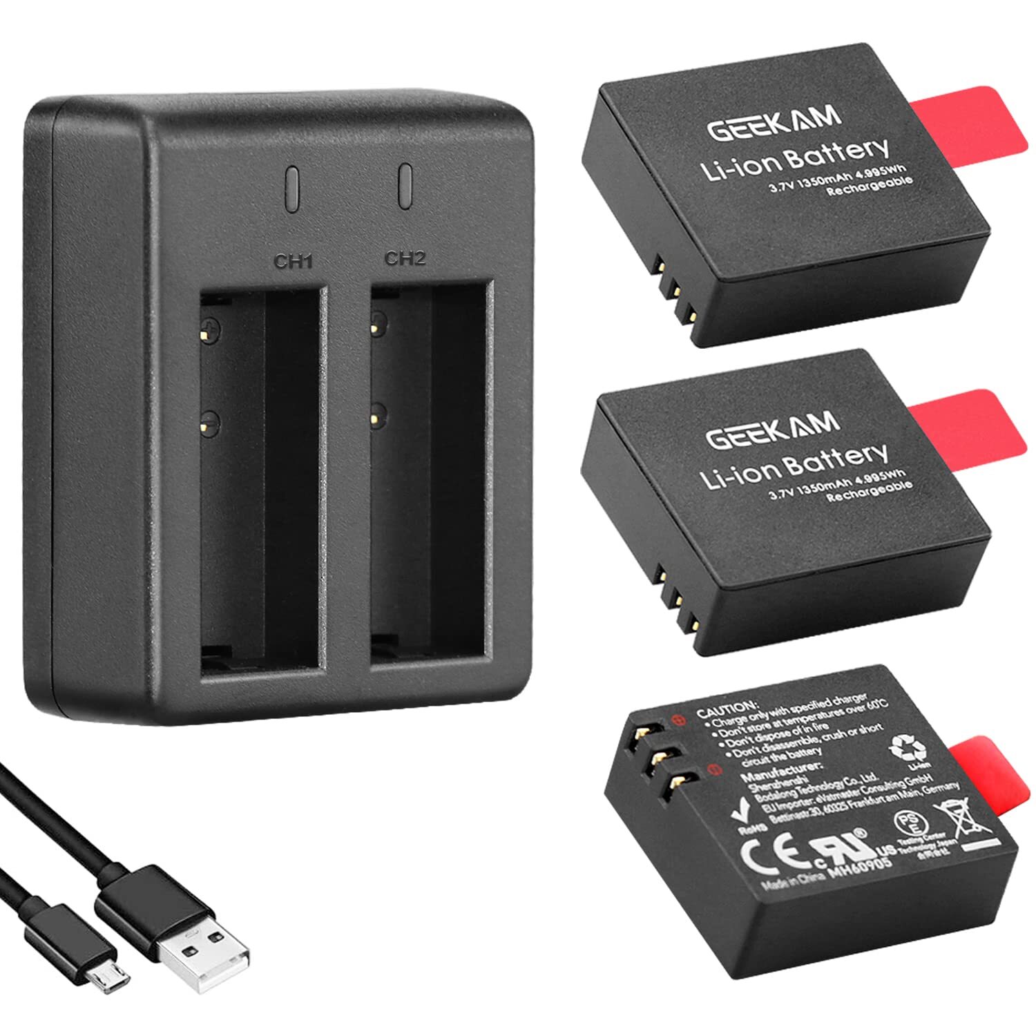 Action Camera Battery Pack, 1350mAh Rechargeable Battery(3-Pack) with USB Dua...-image