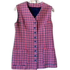 Vintage 70s Red White Houndstooth Long Vest Checked with POCKETS Small Medium