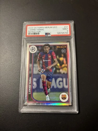 2023-24 Topps Chrome Merlin UEFA Lamine Yamal RC Refractor #27 Barcelona PSA 9