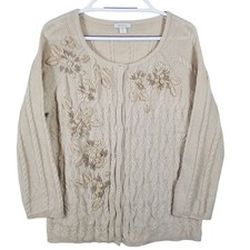 Garnet Hill Women L Lambswool Cable Knit Embroidered Floral Cardigan Sweater Tan