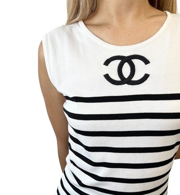 CHANEL Vintage 1994 CC Logo Striped Sleeveless Top #40 Tank White