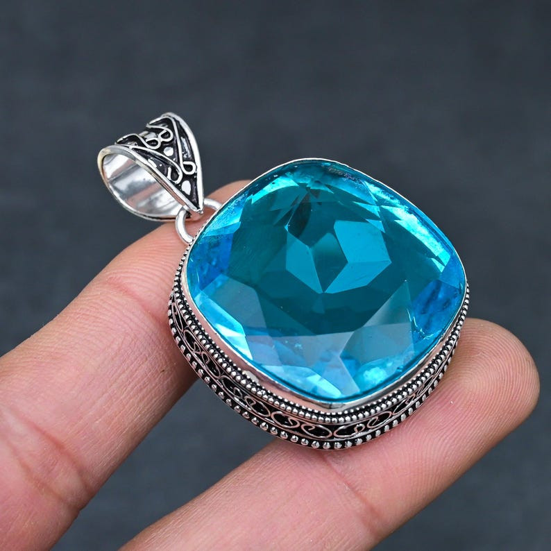 Swiss Blue Topaz Gemstone Handmade 925 Sterling Silver Jewelry Pendant Gift