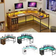 L Shaped Desk with Power Outlets & LED Lights 67" Computer Desk for Office Home