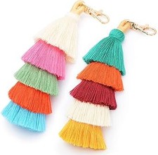 Boho Colorful Pom Pom Tassel Keychain Bag Charms Wristlet Bracelet for Women
