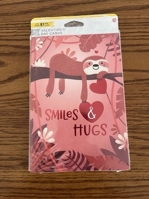 New Valentine CARDS 10 pack CUTE! SLOTH ON A BRANCH FOIL hearts SMILES & HUGS