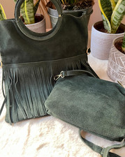 Borsa shopper c/ frange ragazza vera pelle scamosciata verde pochette - tracolla