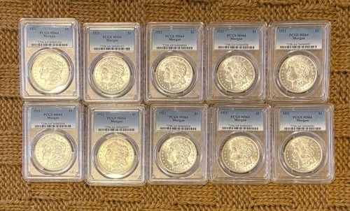 Lot of 10, 1921P MS64 Morgan Silver Dollars