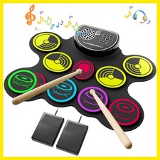 Electronic Drum Set, 10 Pads Roll-up Drum Practice Pad with Drum Pedals  Sti...