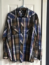 VTG Wrangler Big Man Western Shirt Mens 2X Blue Plaid Violet Pearl Snaps EUC
