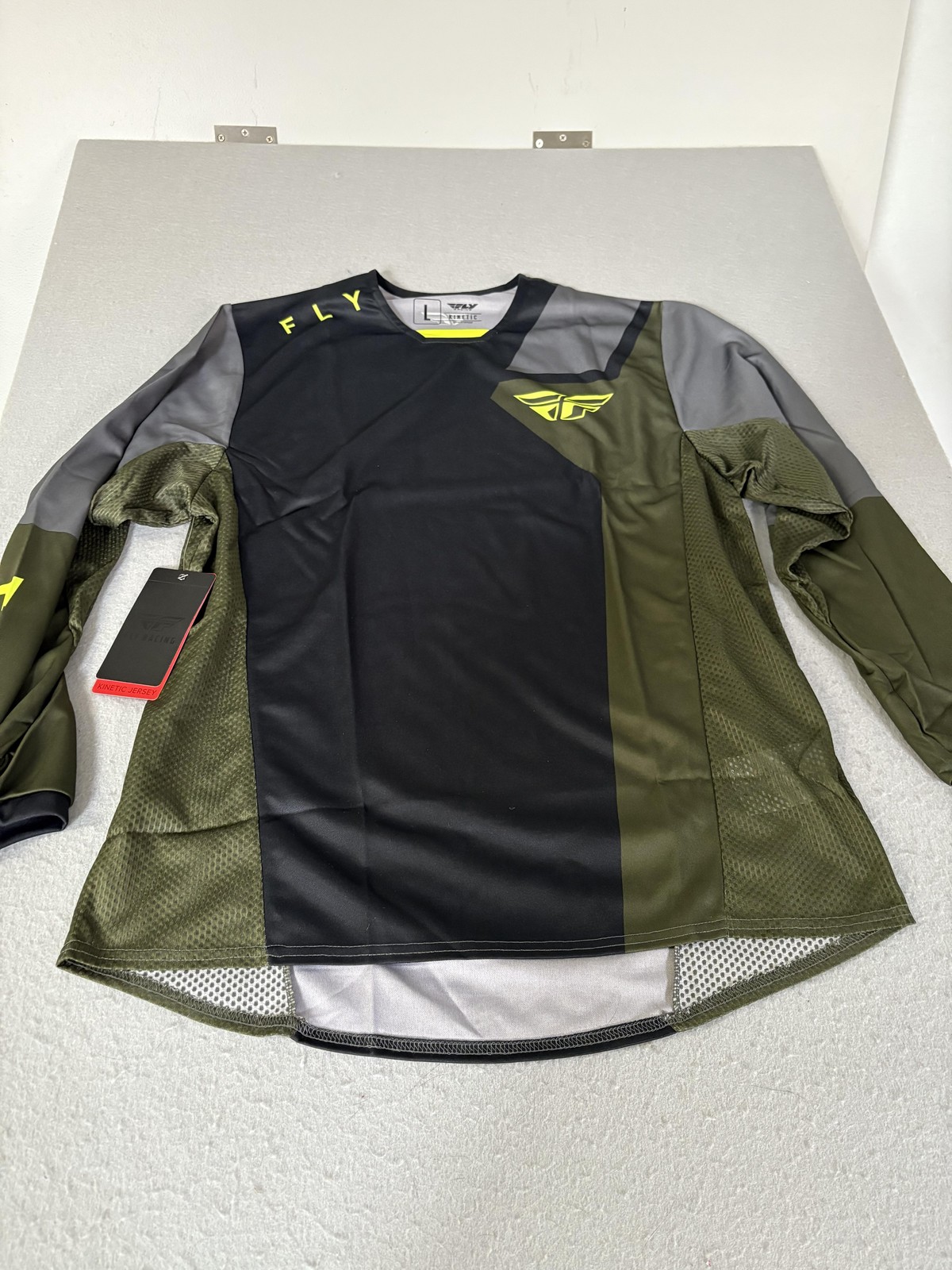 Fly Racing Kinetic Jet Jersey Mens Large Black Olive Green Hi-Vis MX Long Sleeve