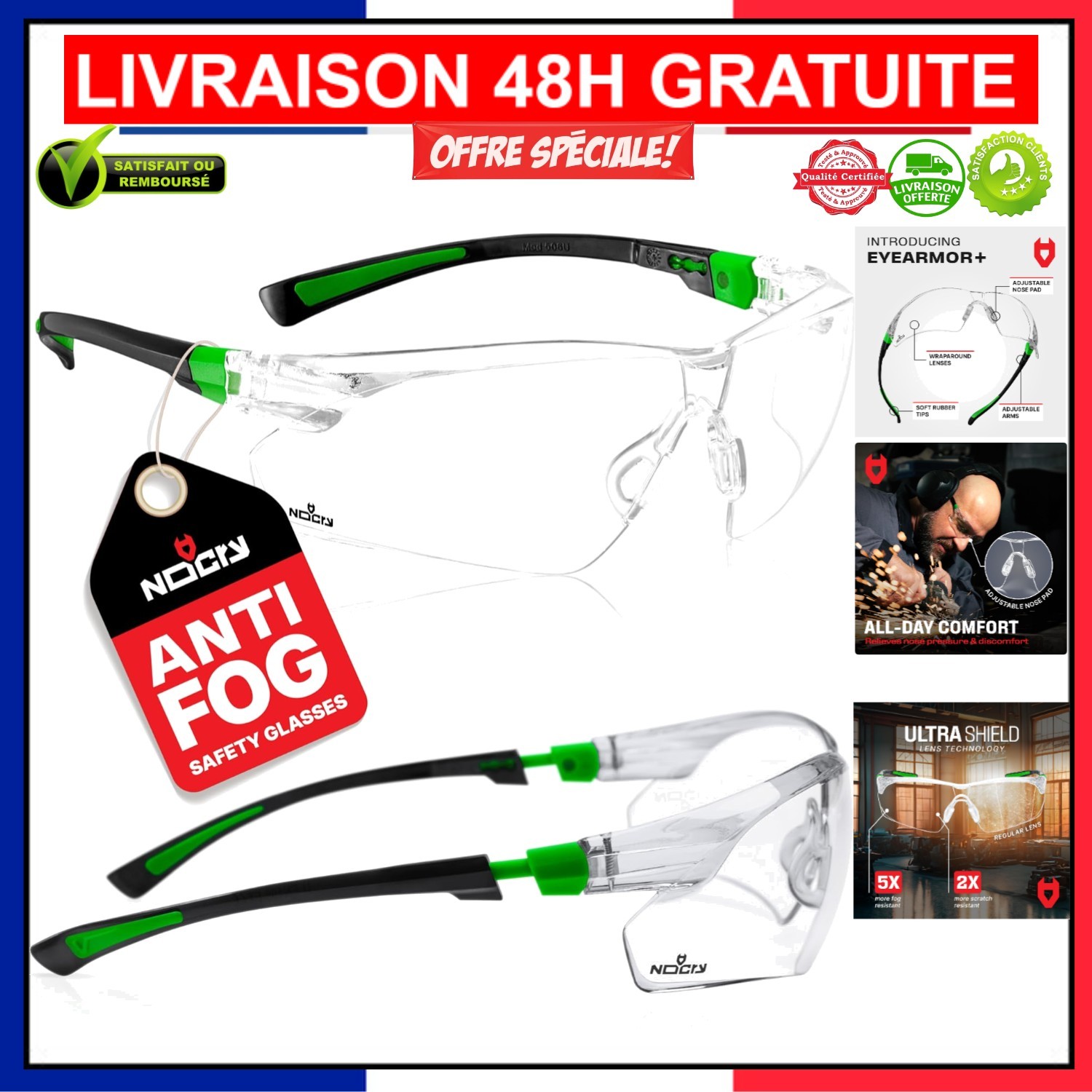 Lunettes de sécurité NoCry réglables protection UV anti-buée taille L pour chantier