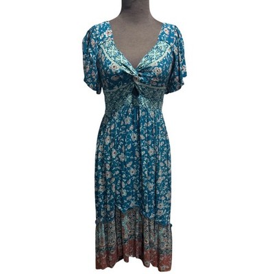 Angie Womens Teal Floral Boho Midi Dress Twist Front Smocked Back Size  Medium | eBay