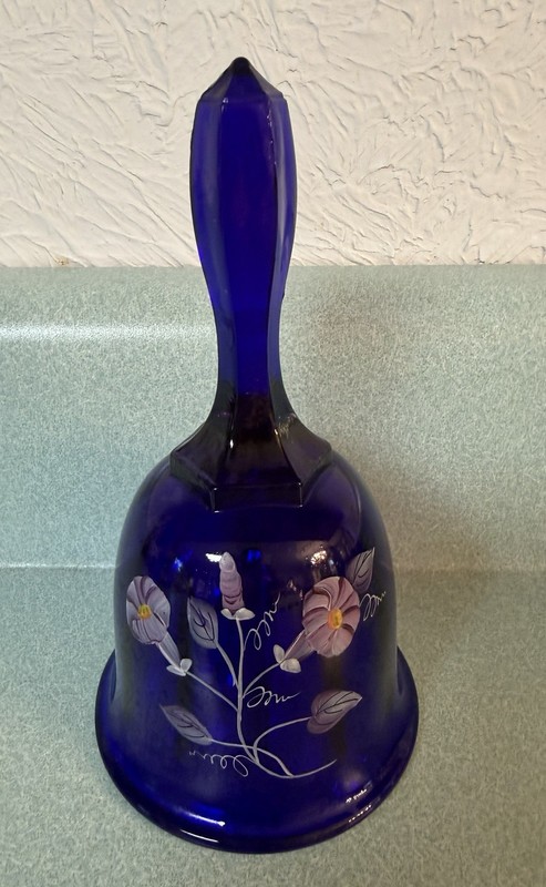 Vintage Fenton Glass Bell Cobalt Blue Morning Glory Signed Artist Hart Label Art