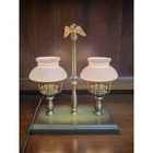 Vintage Brass Double Arm Student Library Table/Desk Lamp Milk Glass Shades Eagle