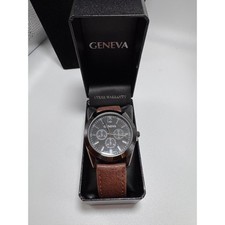 Geneva Mens Quartz Watch Black Dial Brown Lea...