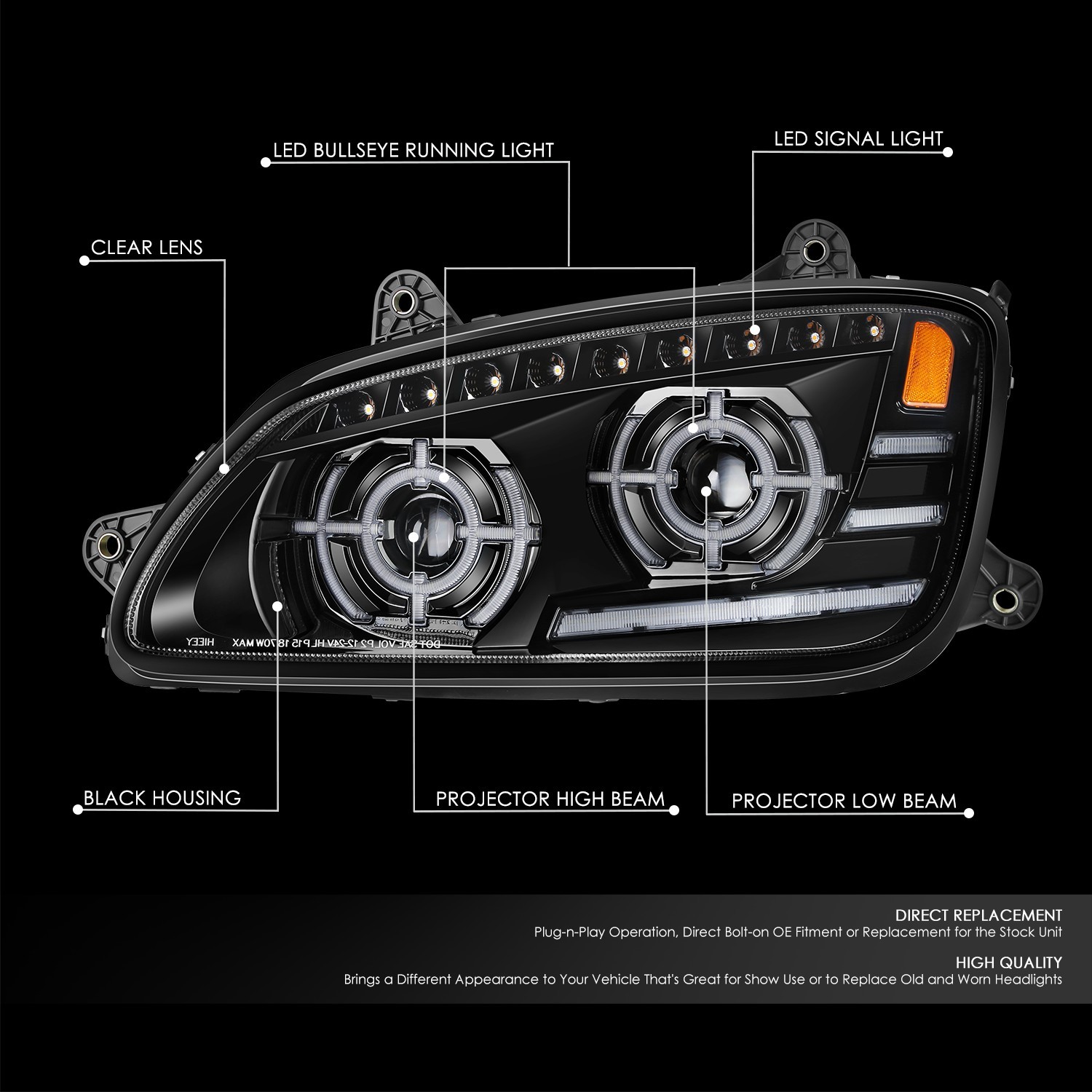 Fits 2008-2017 Kenworth T660 LED Sequential Turn Signal Projector Headlight
