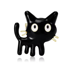 Whimsical Enamel Black Cat Brooch Gold Big Eyes Kitten Pin Cute Animal Jewelry G