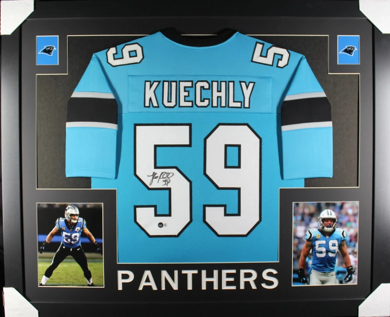 Luke Kuechly Autographed Signed Carolina Panthers / Custom Jersey in 35x43 Frame - Beckett/BAS 