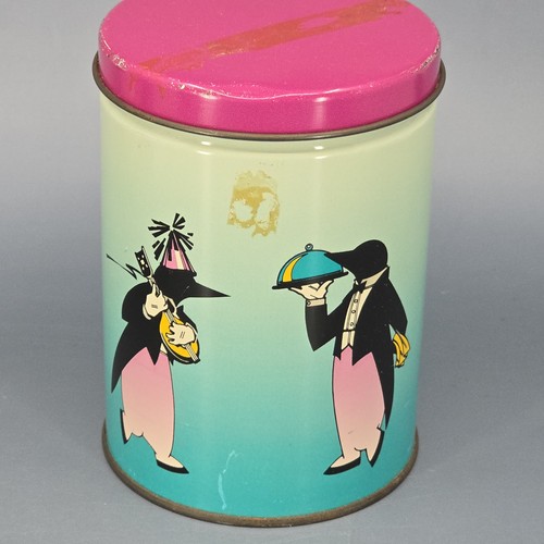 Vtg Olive Can Company 5" Penguin Tin Canister 1989 Pink & Aqua Blue