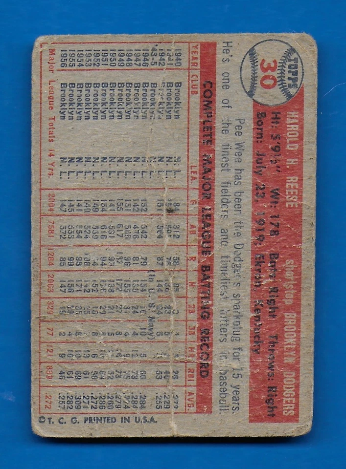 1957 Topps #30 Pee Wee Reese Dodgers Low Grade Filler - Image 2 of 2