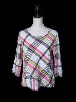 Habitat Clothes To Live In Textured Plaid Check Top Size Small Pink White Green