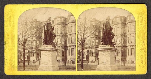 b470, America Illustrated Stereoview, #37, Gen Glover Statue, Boston, MA, 1870s - Afbeelding 1 van 5
