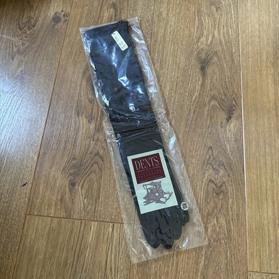 Brandneu mit Etikett Dellen lange schwarze Stretch Satin Oper Abendhandschuhe über Ellenbogen Einheitsgröße