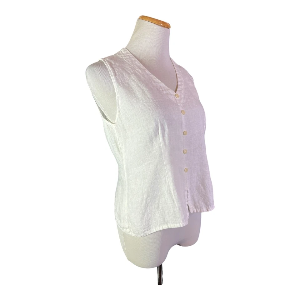 Top sin mangas de lino blanco talla pequeña talla FLAX cuello en V pulóver botones decorativos Foto 4 de 4