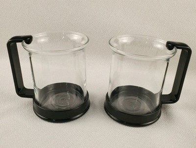 Bodum Clear Glass Coffee Mugs Set of 2 Black Handle Base Made in Switzerland