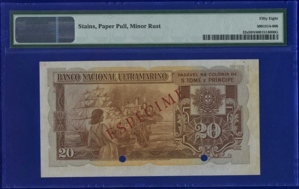  Saint Thomas And Prince 20 Escudos 1946 P32S SPECIMEN CHOICE ABOUT UNC PMG58  - Image 2 of 2