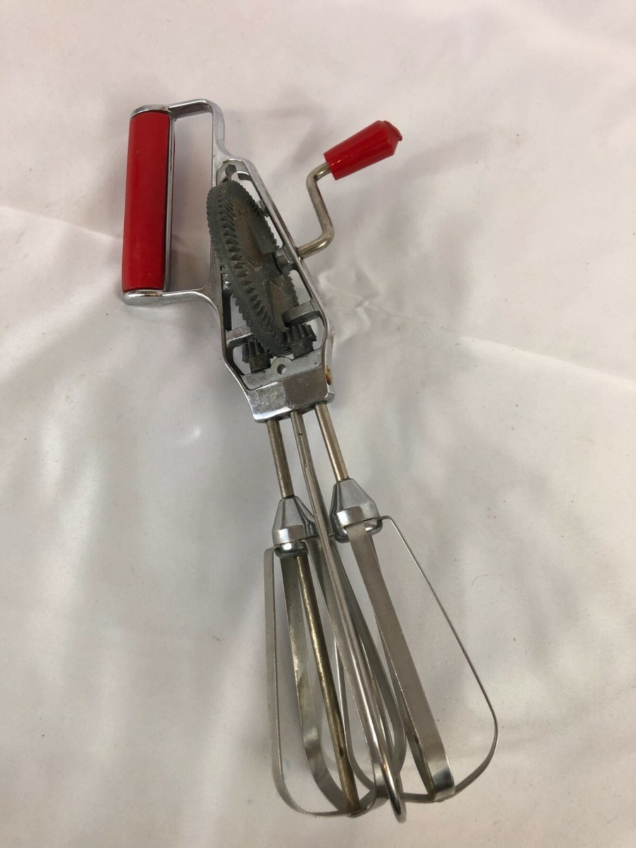 Vintage Manual Handheld Beaters Mixer Metal with Red Handles Retro Style 11