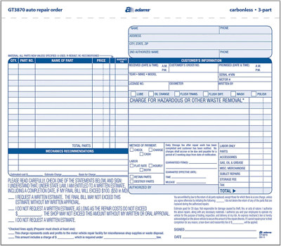 Auto Repair Order Forms, 8.5 X 7.44 Inch, 3-Part, Carbonless, 50-Pack, White and