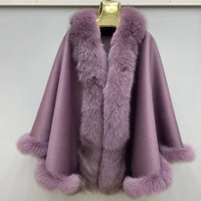Real Women 100 Fox Fur Trim Shawl Cashmere Ponchos Cape Cardigan Coat Warm Tops